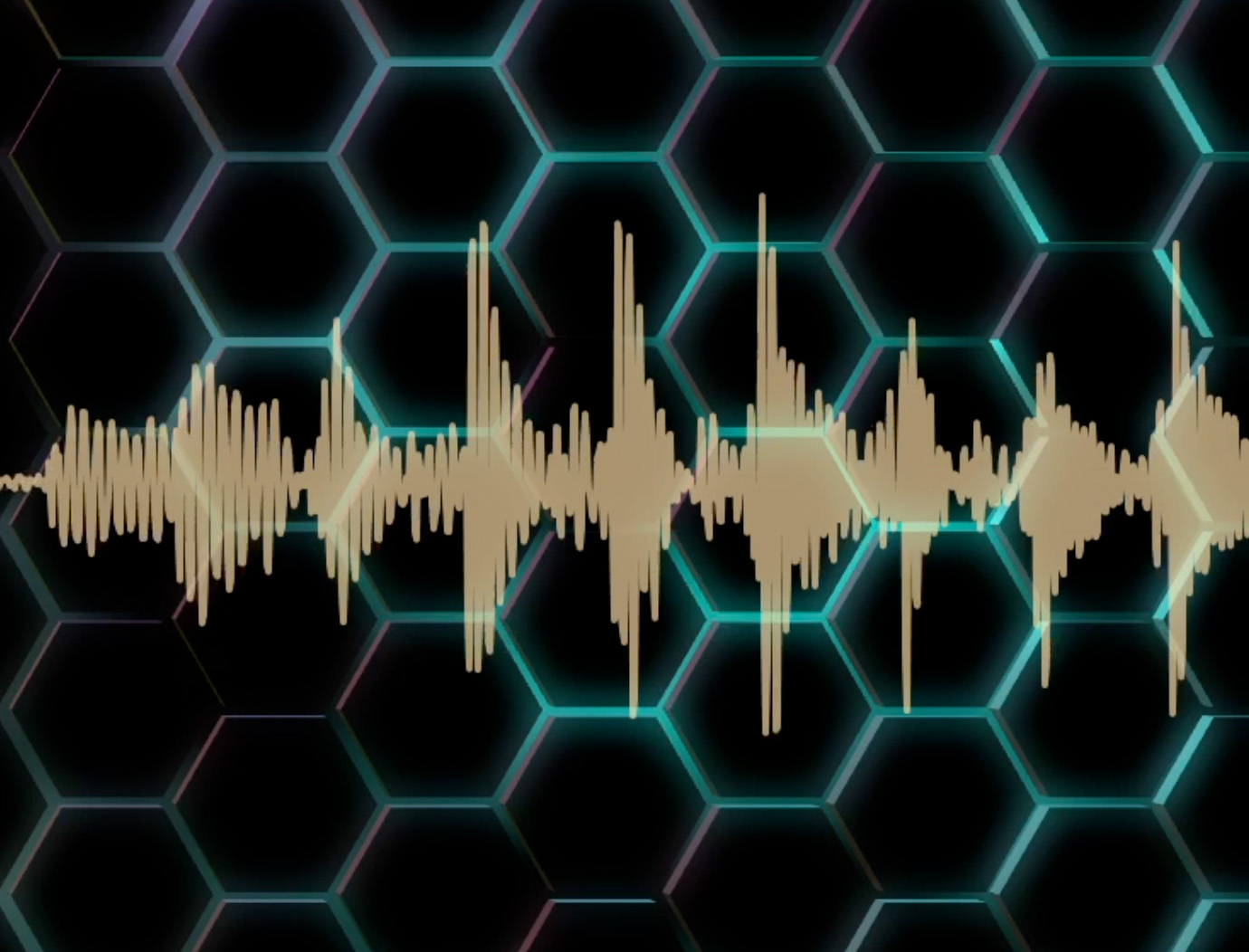 a traslucent ochre audio waveform on top of a background of mid sized hexagons with light blue and purple shading