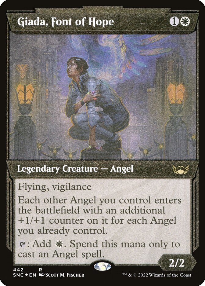 An older printing of Giada from Magic the gathering. She's crouched looking to the side. The overall texture looks faded. The art is contained in a padded box area inside the edges of the card.