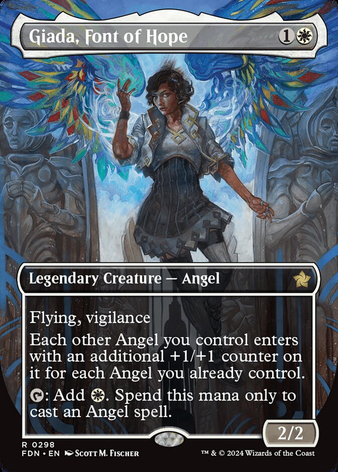 A newer printing of Giada from Magic the gathering. She's flying a bit off the ground looking toward the viewer. The card is much more colorful with the art extending all the way to the edges of the card.