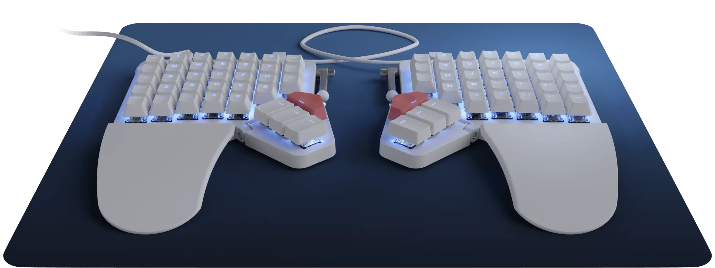 A white moonlander keyboard. It's a split keyboard with a wire that connects the left and right pieces.