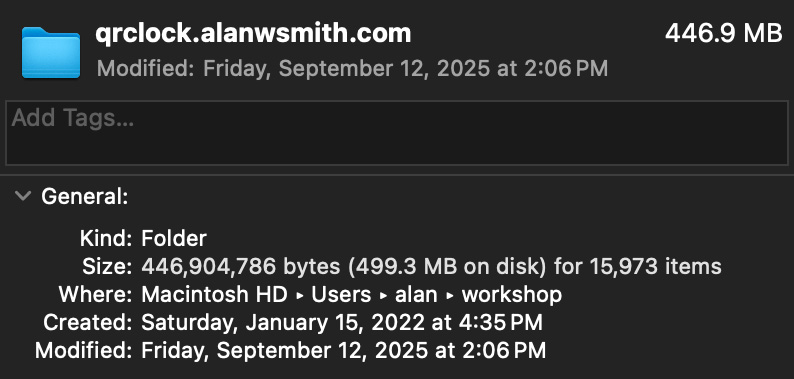 An info panel showing the size of a folder called qrclock.alanwsmith.com that lists it as being 446.9 MB