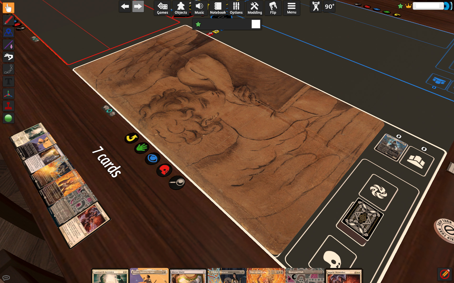 A view of Tabletop Simulator showing an angel playmat and a custom card back for the Magic cards